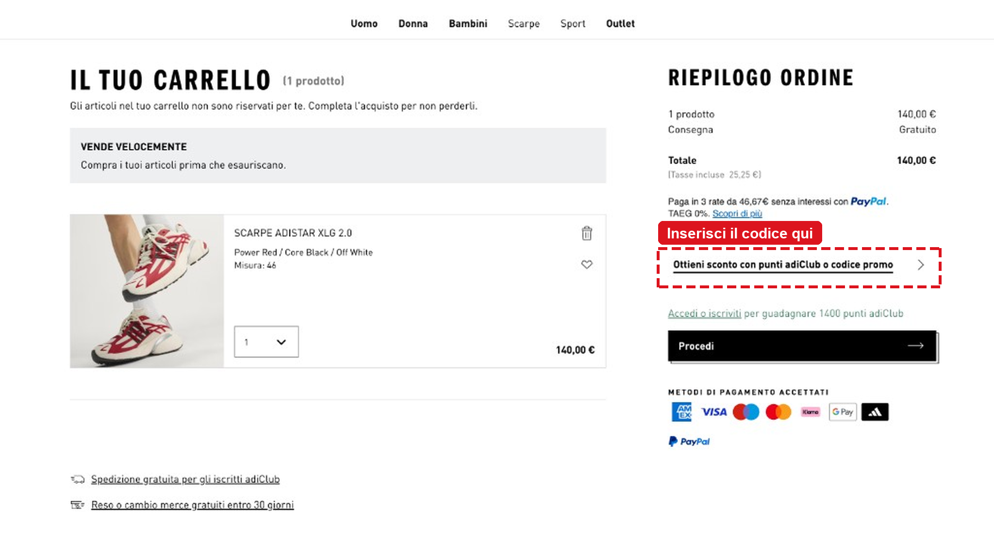 Dove inserire il codice sconto su Adidas